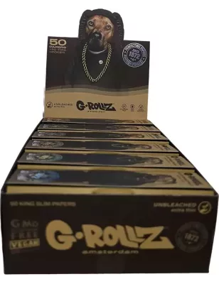G-Rollz – Pets Rock Rap Unbleached King Size Slim Papers + Tips box complète de 25 booklets