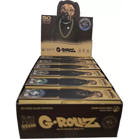 G-Rollz – Pets Rock Rap Unbleached King Size Slim Papers + Tips box complète de 25 booklets