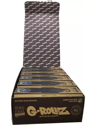 G-Rollz – Pets Rock Rap Unbleached King Size Slim Papers + Tips box complète de 25 booklets