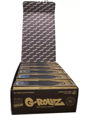 G-Rollz – Pets Rock Rap Unbleached King Size Slim Papers + Tips box complète de 25 booklets