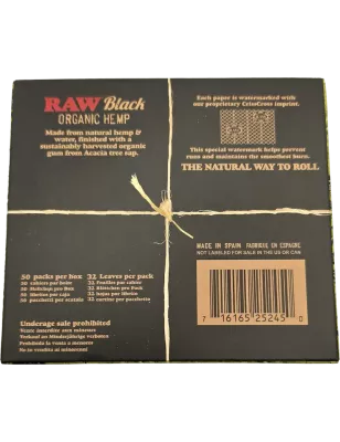 RAW – Black Organic Hemp Feuilles à rouler Kingsize Slim Box 50 paquets