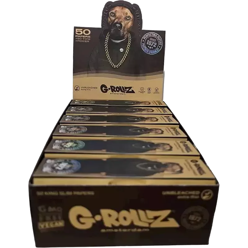 G-Rollz – Pets Rock Rap Unbleached King Size Slim Papers + Tips box complète de 25 booklets
