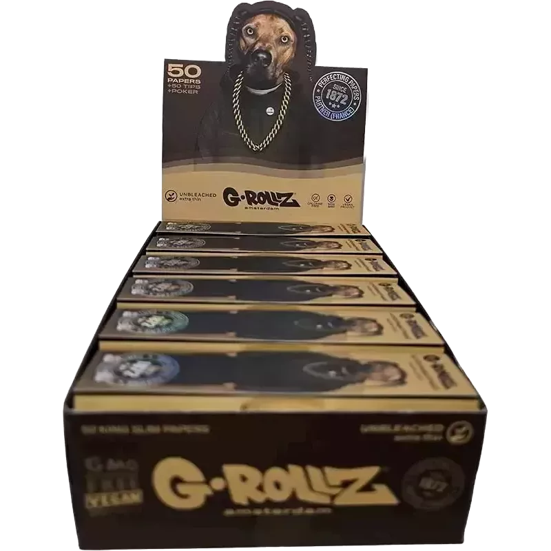 G-Rollz – Pets Rock Rap Unbleached King Size Slim Papers + Tips box complète de 25 booklets