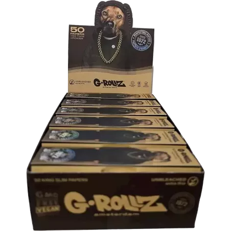 G-Rollz – Pets Rock Rap Unbleached King Size Slim Papers + Tips box complète de 25 booklets