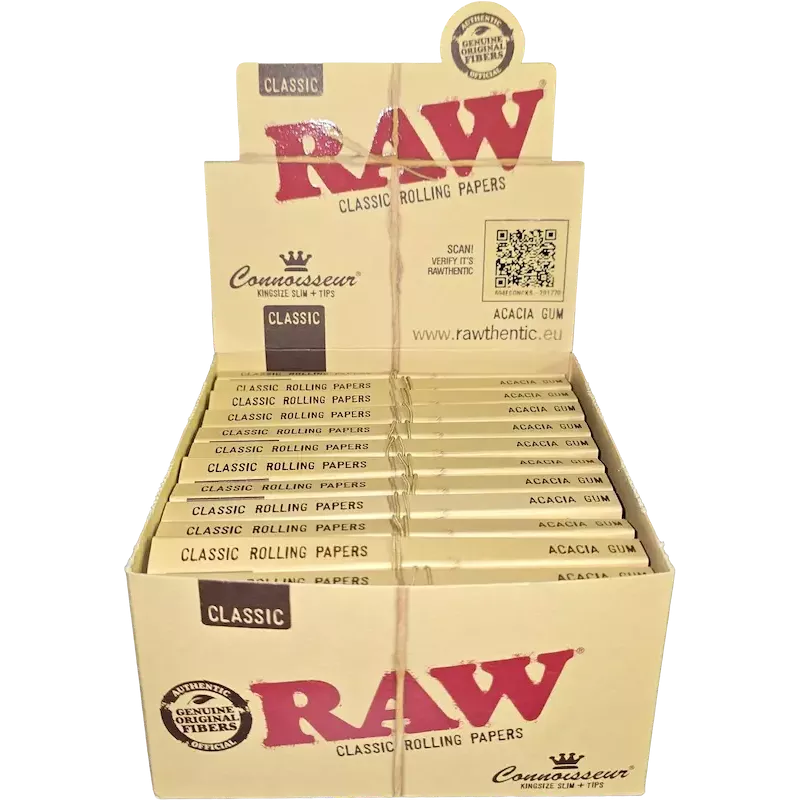 RAW – Connoisseur King Size Slim – Feuilles + Tips box complète de 24 booklets