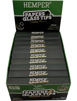 Hemper – Box mit 20 Packungen Brown King Size Slim Papers + 6 mm Glasfilter