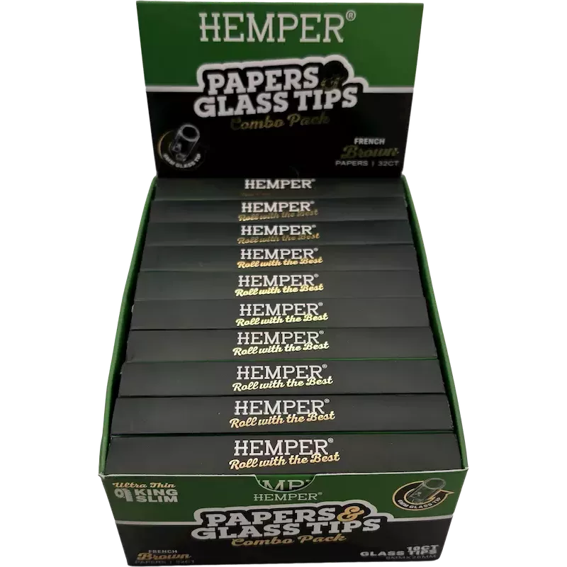 Hemper – Box da 20 pacchetti di cartine Brown King Size Slim + Filtri in vetro da 6 mm