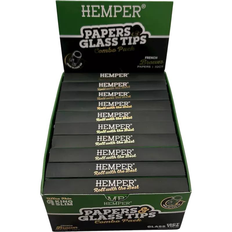 Hemper – Box mit 20 Packungen Brown King Size Slim Papers + 6 mm Glasfilter