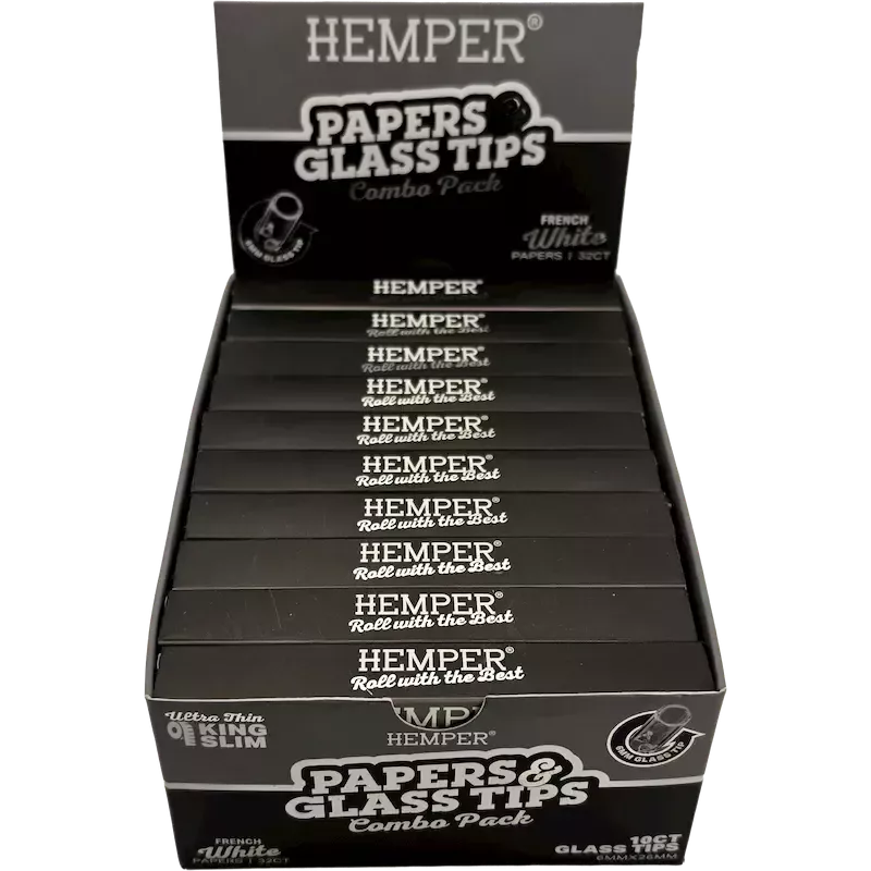 Hemper – Box da 20 pacchetti di cartine White King Size Slim + filtri in vetro da 6 mm