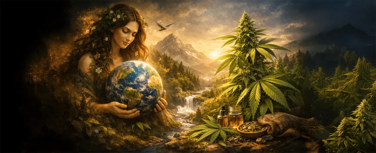 Illustration naturelle évoquant la Terre, la nature et le chanvre pour illustrer l’origine du nom Gaiabis